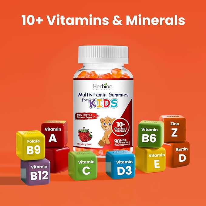 HERBION Naturals Multivitamin Gummies for Kids | Immune Support with Vitamin C, D3, B12, A, E & Zinc | Strawberry Flavor | Gluten Free, Vegan, Chewable Gummy Vitamins | 90 Ct | Pack of 24