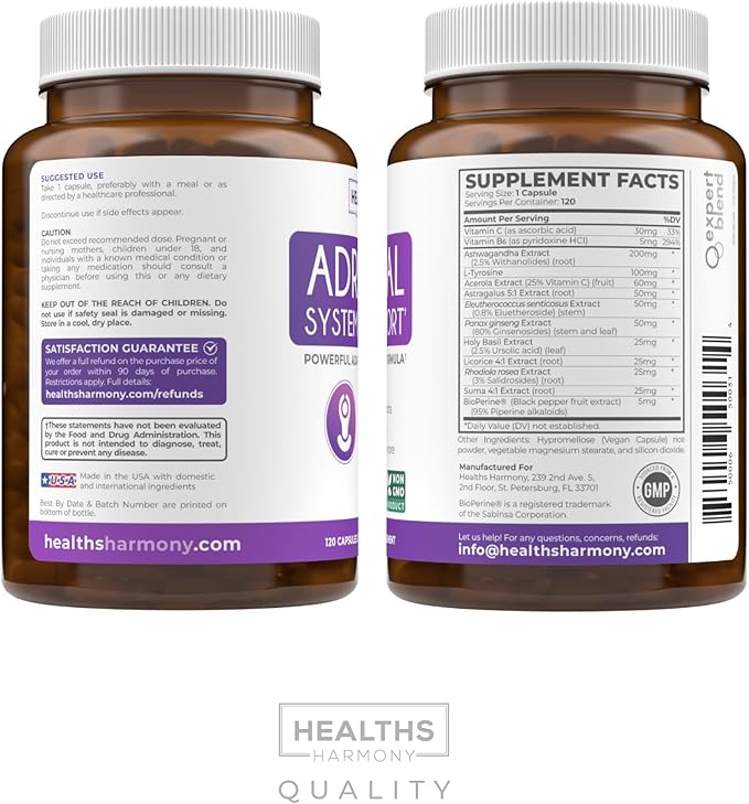 Adrenal Support & Cortisol Manager (Non-GMO) Powerful Adrenal Health with L-Tyrosine & Ashwagandha - Maintain Balanced Cortisol Levels & Stress Relief - Fatigue Supplement - 120 Capsules