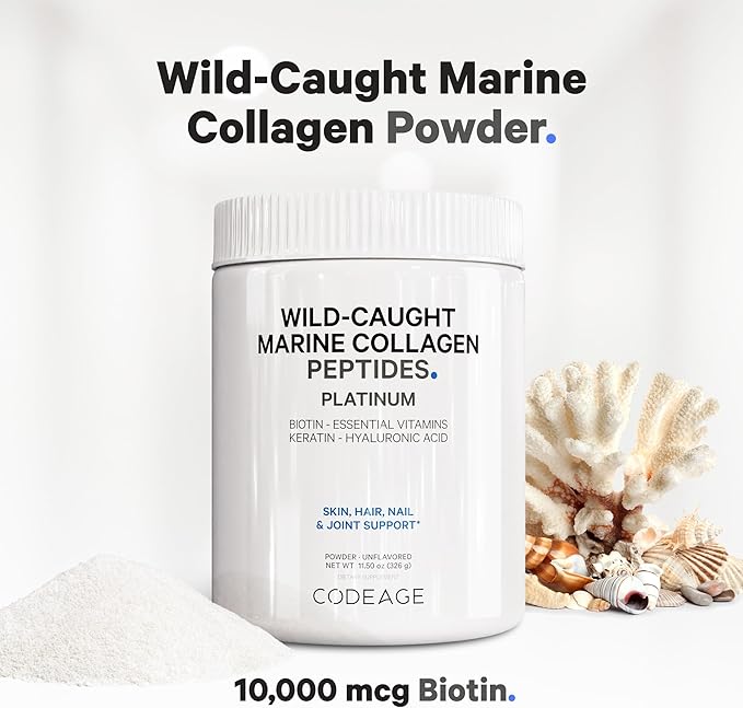 Codeage Marine Collagen Protein Powder Supplement Platinum - Biotin 10,000 mcg, Vitamin C, D3 & B6, Keratin, Hyaluronic Acid, Niacin, Wild Caught Hydrolyzed Fish Collagen Peptides - Non-GMO - 11.50 oz