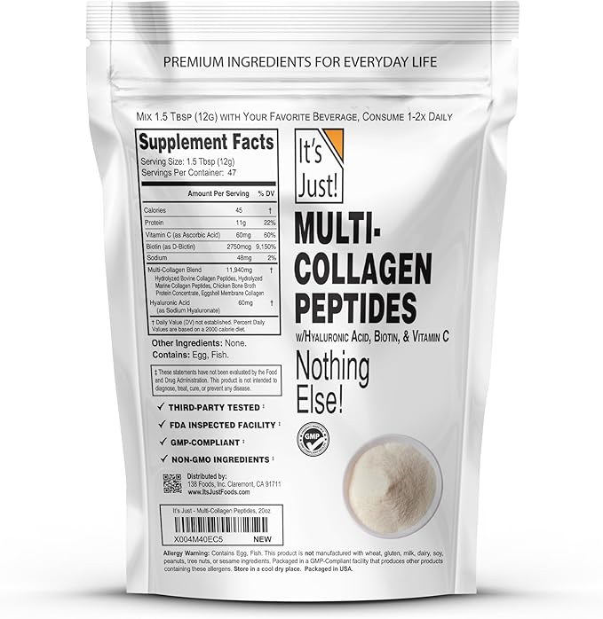 It's Just! - Multi Collagen Peptides, (20oz) Protein Powder, Type I, II, III, V, X w/Biotin, Hyaluronic Acid, Vitamin C - Easy Mixing, Non-GMO, Unflavored, 1.25lb