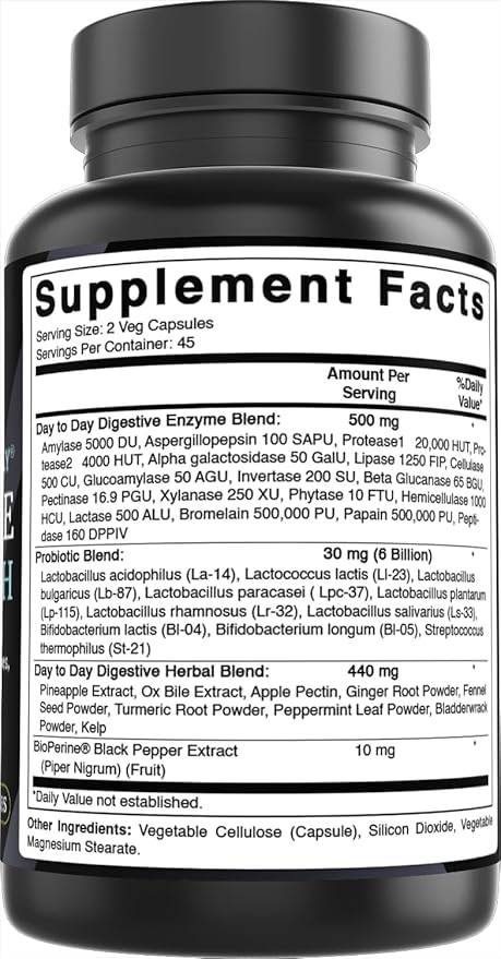 Best Naturals Day-to-Day Digestive Support 90 Veg Capsules - Made with Digestive Enzymes, Probiotics, & Herbal Blend - Made in The USA