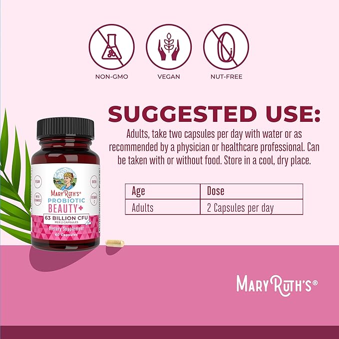 Probiotic Beauty Capsules by MaryRuth's | Vegan Collagen Support | Anti Aging | Gut Health | Hair Skin and Nails Vitamins | Skin Care | Biotin | Non-GMO Project Verified | 60 Count