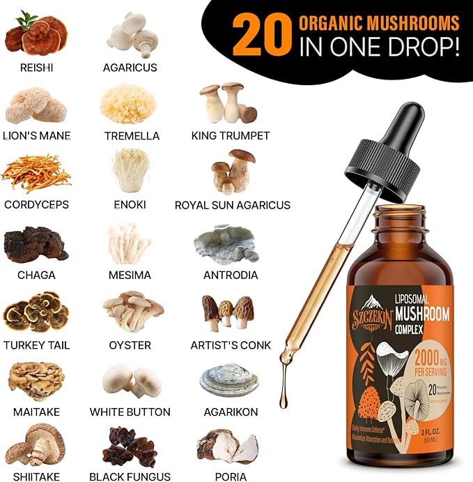 Liposomal Mushroom Complex Drops 2000 MG - 20 Organic Mushroom Extracts - Advanced Liquid Formula for Immunity, Cognitive and Memory - Lions Mane Supplement, Reishi, Cordyceps, Chaga, 180 Servings