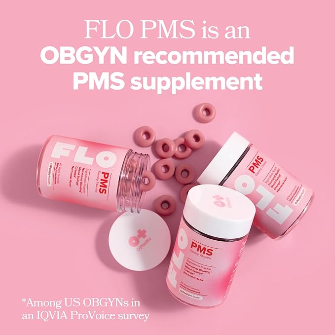 O Positiv FLO PMS Gummies for Women - Proactive PMS Relief - Targets Hormonal Breakouts, Bloating, Cramps, & Mood Swings with Chasteberry, Vitamin B6, & Lemon Balm - PMS Gummies (Pack of 1)