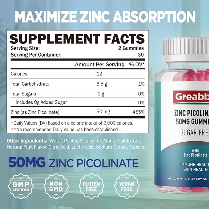 Zinc Gummies - Zinc Picolinate 50mg, Sugar Free, Highly Absorbable Zinc Picolinate Supplement for Kids & Adults, Support Growth, Immune Function, Skin Health, 60 Gummies