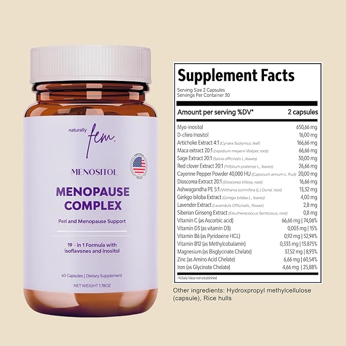 Inositol FEM Menositol 19-in-1 60Caps, Perimenopause & Menopause Supplements for Women Weight Loss with Myo-Inositol, D-chiro and Isoflavones, Control Metabolic Health, 100% Natural, Hormone, SoyFree
