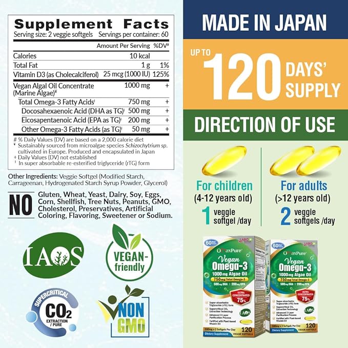 LABO Nutrition Vegan Omega 3 Algae Oil - Plant Based Fish Oil Alternative 750mg Omega-3 500mg DHA & 200mg EPA - Non-GMO & IAOS Certified - Heart, Brain, Eye, Immune, Joint Support 120 Softgels