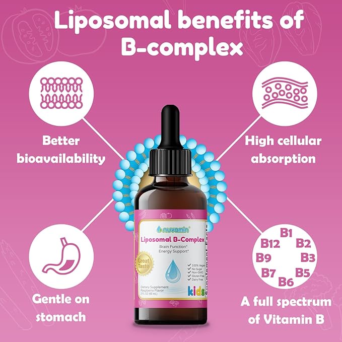 Nuvamin – Liquid Liposomal B-Complex Drops for Kids Baby Toddlers & Adults, 2Fl.Oz (60ml), 120 Daily Serving. B1, B2, B3, B5, B6, B7, B9, B12. Great Taste - Natural - High Absorption, Raspberry Flavor
