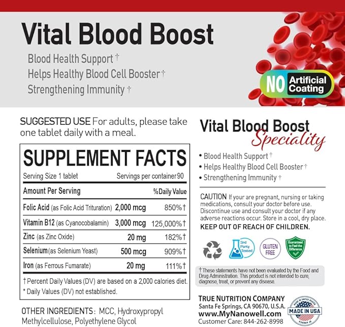 Vital Blood Boost - Dietary Supplement for White and Red Blood Cell Support - Iron with Selenium, Zinc, Vitamin B12 & Folic Acid - 90 Tablets x 3 Bottles, 270 Day Supply