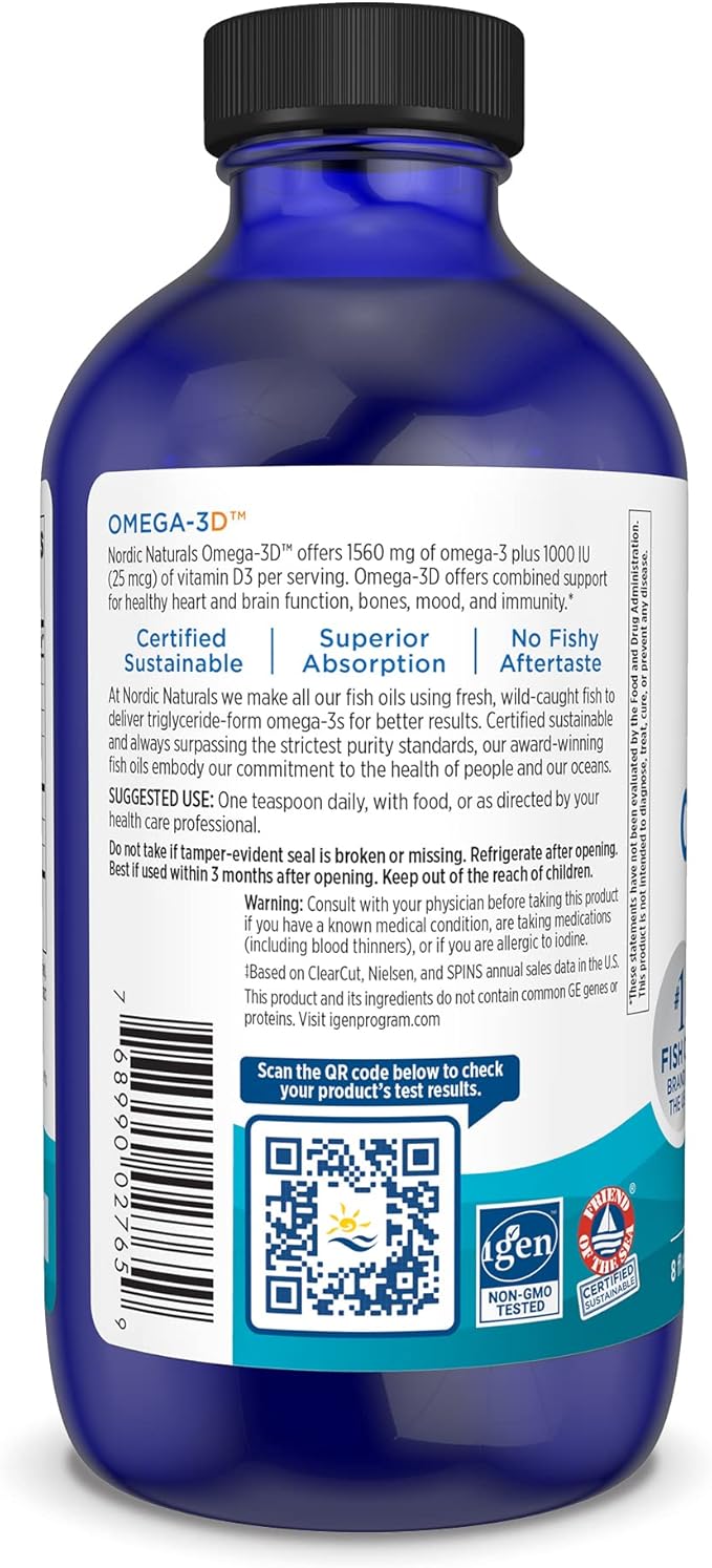 Nordic Naturals Omega-3D, Lemon Flavor - 8 oz - 1560 mg Omega-3 + 1000 IU Vitamin D3 - Fish Oil - EPA & DHA - Immune Support, Brain & Heart Health, Healthy Bones - Non-GMO - 48 Servings