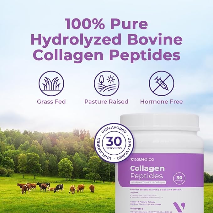 VitaMedica Collagen Peptides Powder for Women & Men - Healthy Hair, Skin, Nails, Bones and Joints - Hydrolyzed Types I & III, Grass-Fed, Pasture-Raised Protein, Zero Sugar - 30 Servings