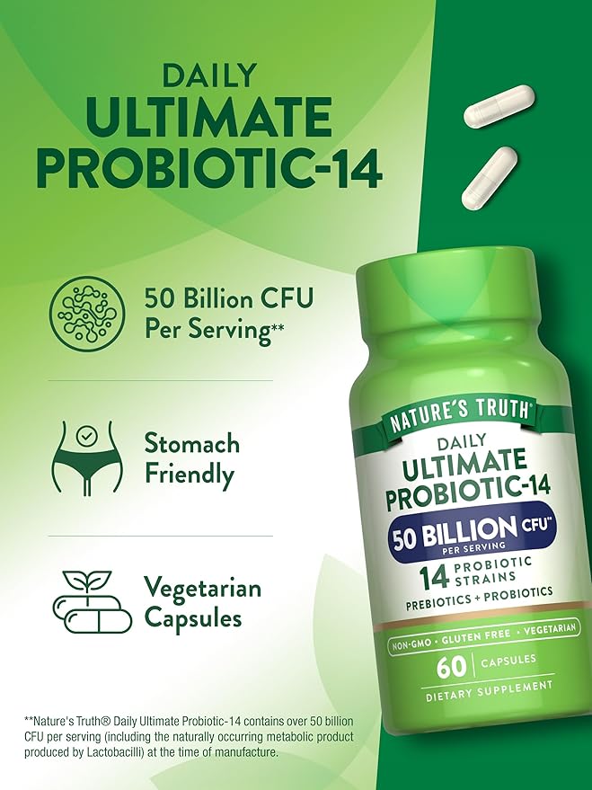 Nature's Truth Probiotic 50 Billion CFU | 200mg Prebiotics | 60 Capsules | Vegetarian, Non-GMO & Gluten Free Supplement for Men and Women | Supports Digestive Health