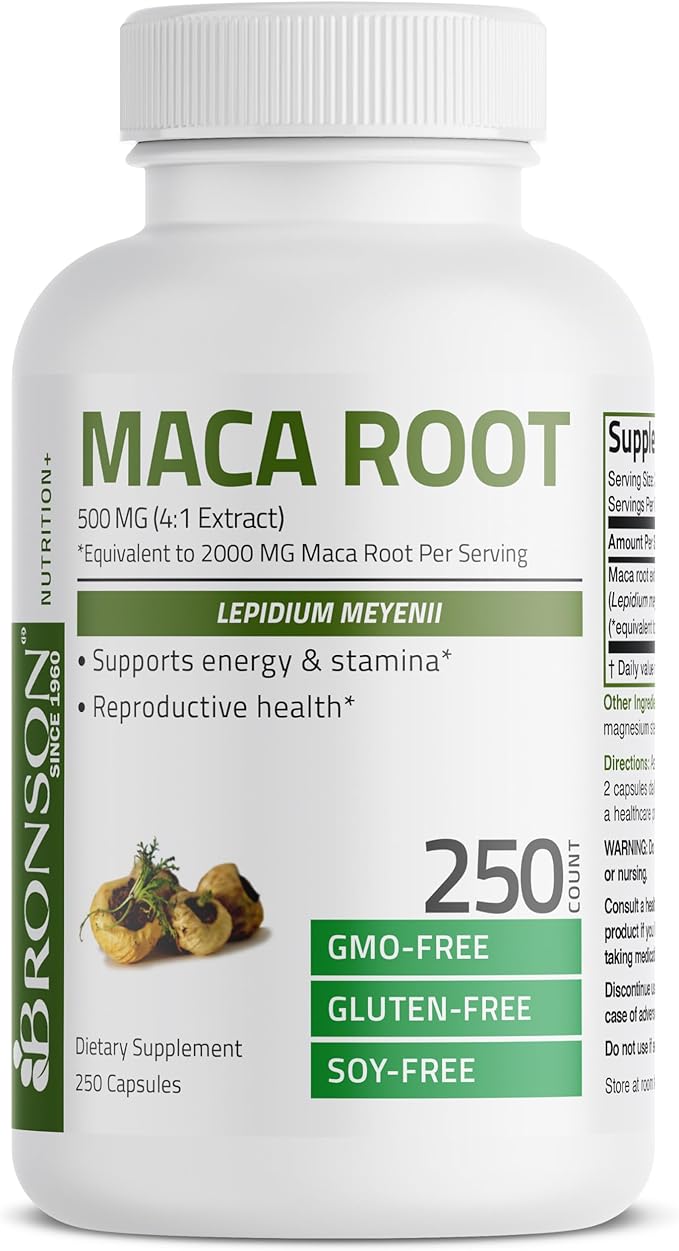 Bronson Maca Root Lepidium Meyenii Non-GMO, 250 Vegetarian Capsules