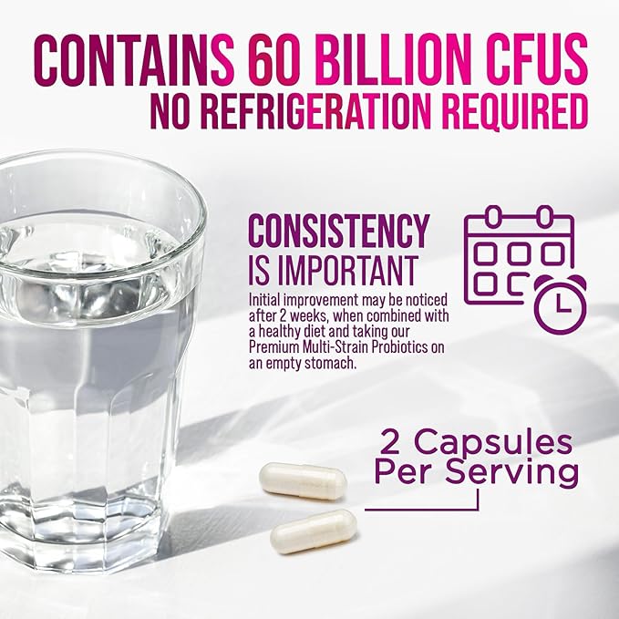 Probiotics 60 Billion CFU per Serving - 10 Strains + Prebiotics - Immune, Digestive & Gut Health Support, Supports Occasional Constipation, Gas & Bloating for Women & Men, Shelf Stable - 60 Capsules