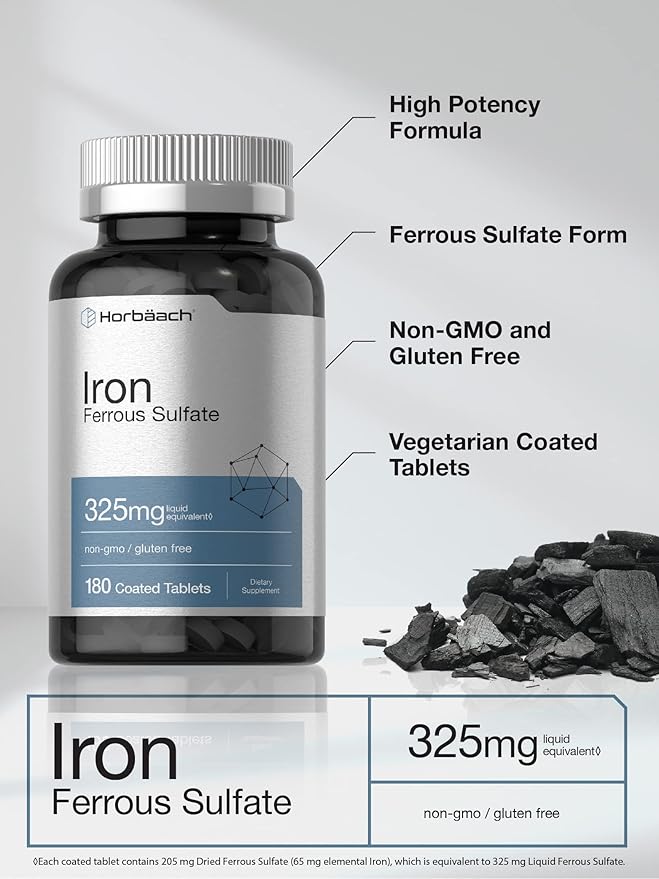 Horbäach Iron Ferrous Sulfate 325mg | 180 Count | Vegetarian, Non-GMO & Gluten Free Dietary Supplement