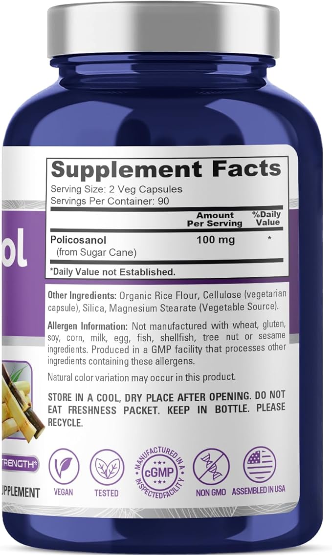 NusaPure Policosanol 100mg 180 Veggie Capsules (Vegan, Non-GMO)