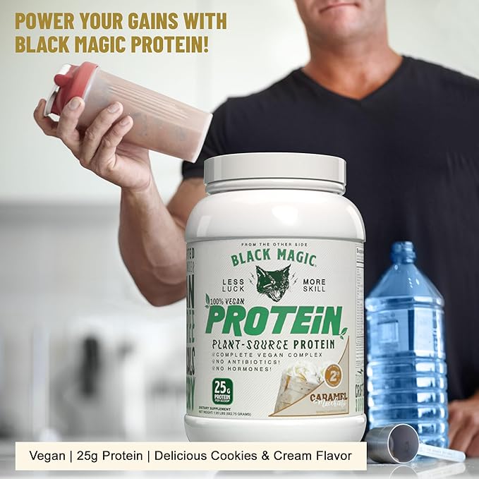 Worldwide Nutrition Bundle Compatible with Black Magic Multi-Source Protein Powder - Vegan Caramel Macchiato | High Protein Powder, Low Carb, Low Sugar | Whey, Egg & Casein Blend - 2 LB with Keychain