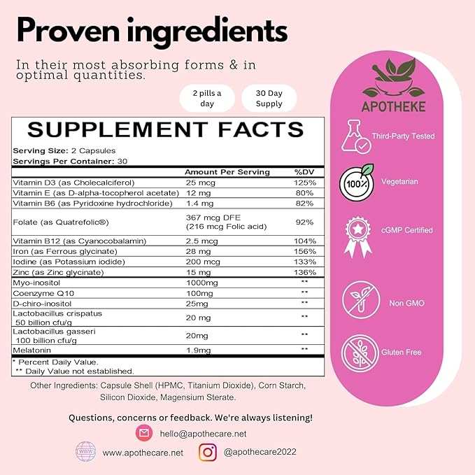 AGNOSITOL Prenatal Vitamin, Vaginal Probiotic with SMART Bacteria, Fertility, Ovulation & PCOS Support, Hormone Balance & Vaginal Health Supplement. Inositol 40:1, Folic Acid, Vitamins D3 B6/1
