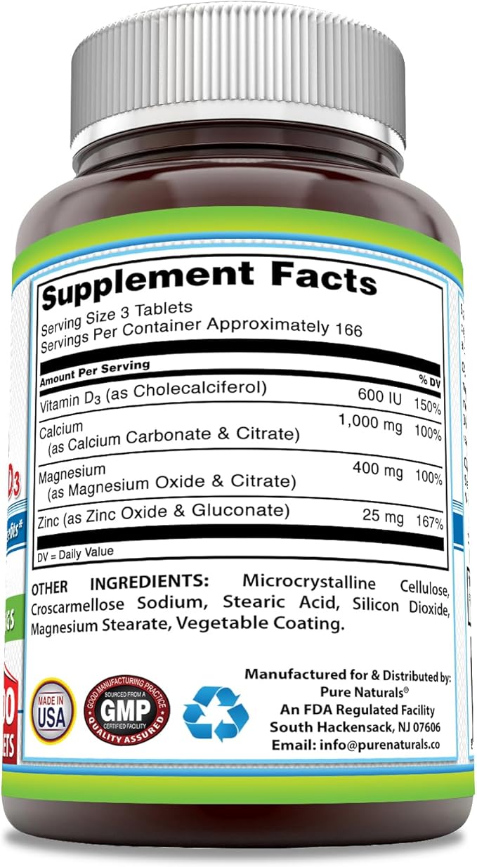 Pure Naturals Calcium Magnesium Zinc Vitamin D3 Supplement | Calcium 1000mg, Magnesium 400mg, Zinc 25mg, Vitamin D3 600 IU | Non-GMO | Gluten Free (500 Tablets)