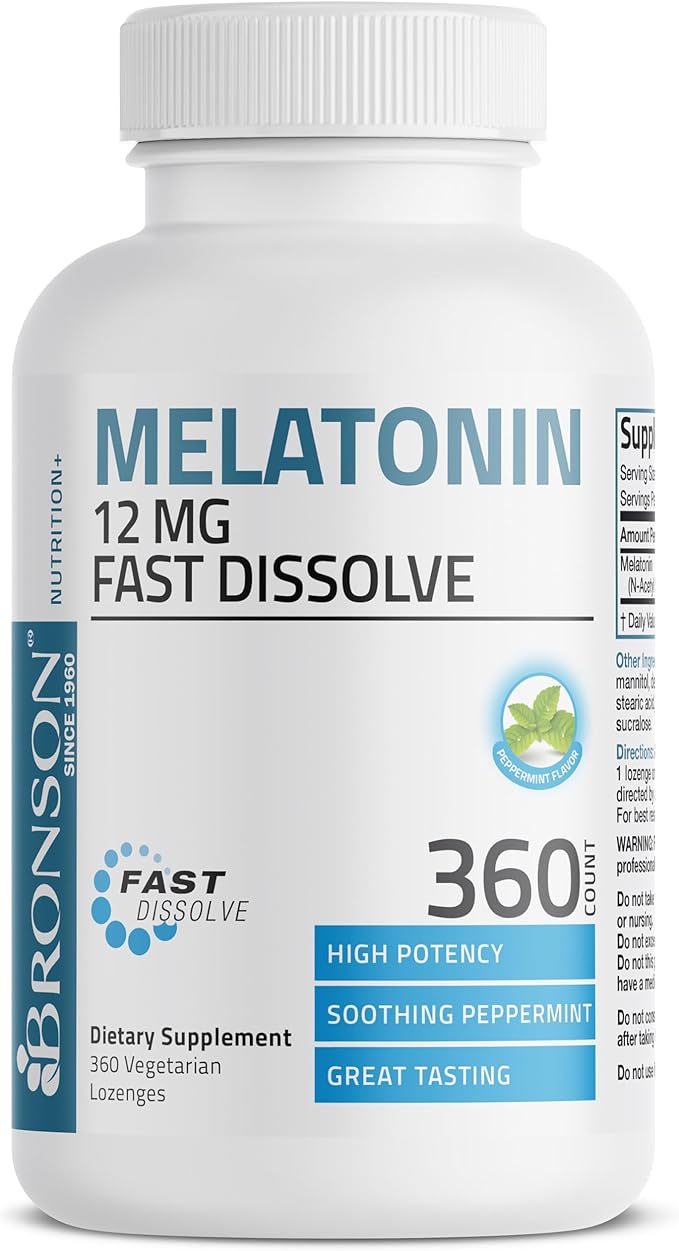 Bronson Melatonin 12mg Fast Dissolve Nighttime Sleep Aid Support & Relaxation Support, 360 Peppermint Vegetarian Lozenges