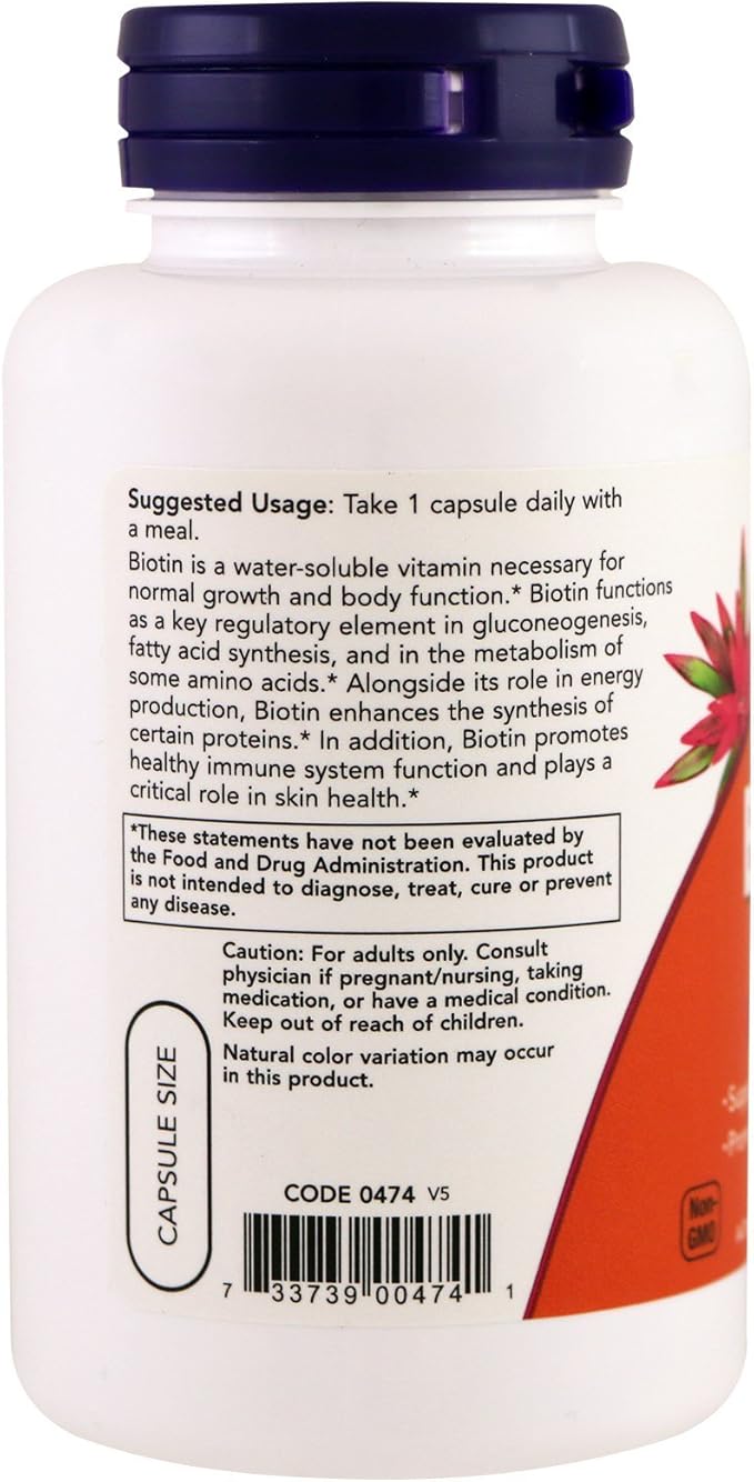 NOW Biotin 5,000 mcg - 120 VCaps (Pack of 2 Bottles)