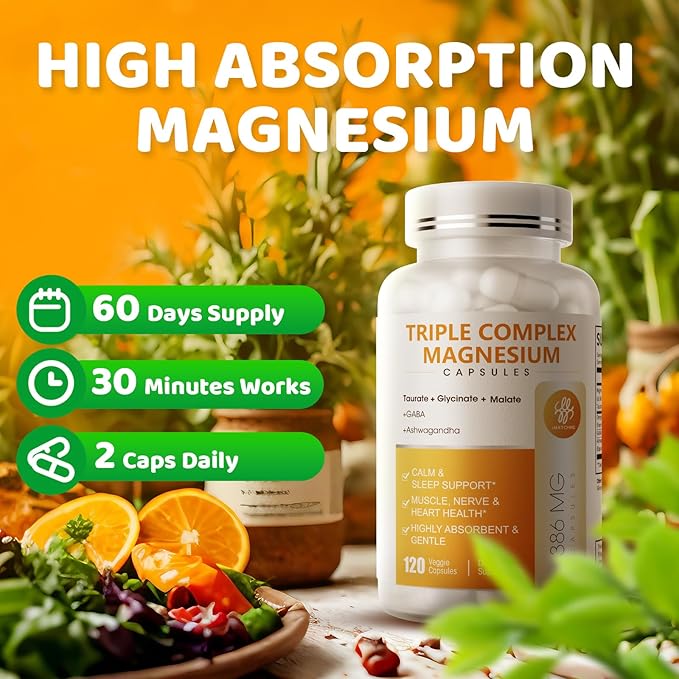 Triple Magnesium Complex - Magnesium Glycinate, Taurate & Malate Supplement with Omega3, Ashwagandha, GABA for Sleep, Brain Heart & Muscle Support - High Absorption and Gentle, Vegan, 120 Capsules