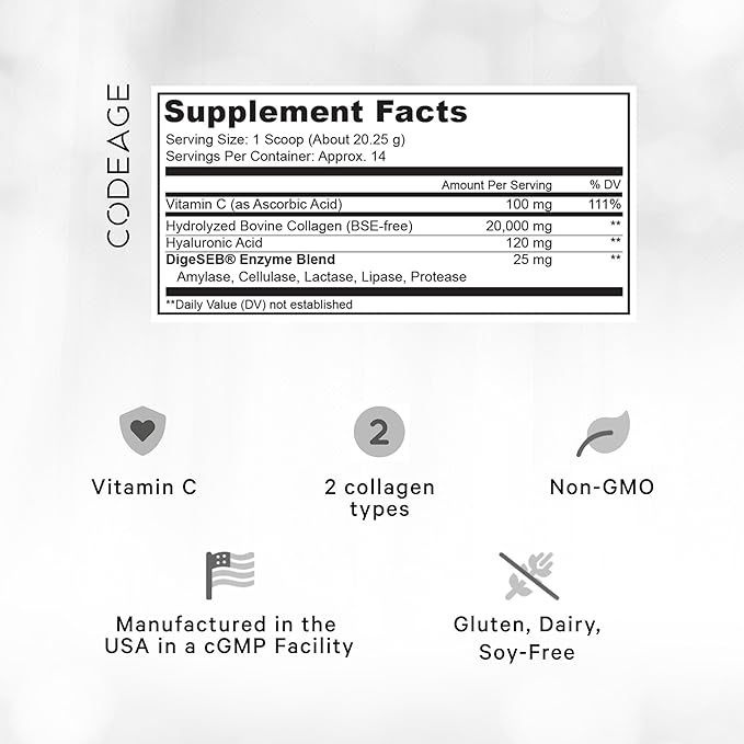 Codeage Collagen Peptides Powder + Vitamin C - 20g Grass-Fed Collagen Per Serving - Digestive Enzymes, Hyaluronic Acid, 18 Amino Acids - Hydrolyzed Collagen Protein - Non-GMO, Unflavored - 9.98 oz