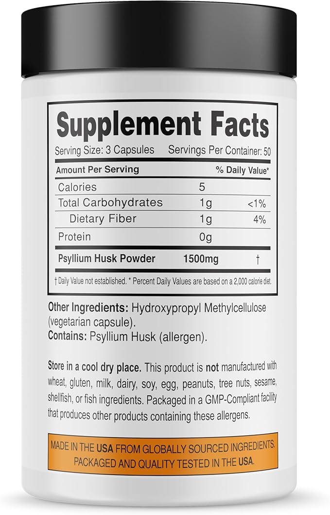 It's Just! - Psyllium Husk, Dietary Fiber Supplement, Veggie Capsules, 1500mg Per Serving, 150ct Bottle (150 Count)