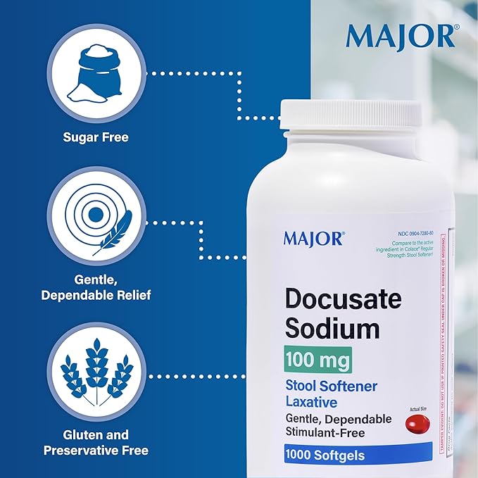 MAJOR Docusate Sodium 100 mg - Stool Softener Laxative Softgels for Occasional Constipation Relief - Stool Softeners for Women, Men, and Kids - Stimulant-Free - 1000 Softgels (1 Pack)