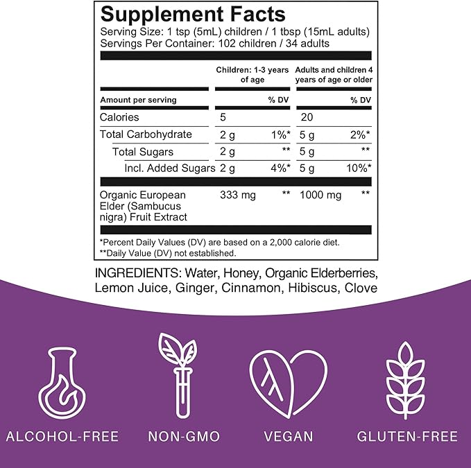 Elderberry Syrup Elderberry Shots - Immune Support Supplement for Kids & Adults - Immune Boosters - Natural Immunity Booster - Made with Honey & Elderberries - Gluten-Free - 16.9 Fl Oz