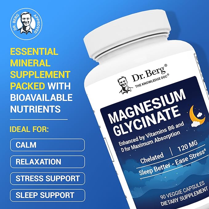Dr. Berg Magnesium Glycinate with Vitamin D, B6 & Zinc for Stress Relief, Calm, Relaxation, & Good Sleep* - 120 mg Per Magnesium Supplement Capsule - Chelated Magnesium Glycinate - 90 Caps