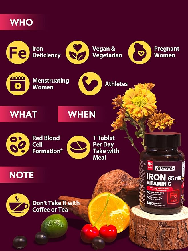 Iron Supplement for Women Men, High Potency Iron 65mg with Vitamin C 250mg, Stomach Friendly Iron Pills for Red Blood Cell & Immune Support, Non-GMO & Gluten Free,180 Vegan Tablets