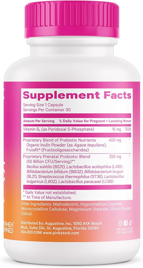 Pink Stork Prenatal Probiotics for Women - 50 Billion CFU, Vitamin B6, Prebiotics, Morning Sickness, Gut Microbiome, Pregnancy Probiotic, Immune Support, Pregnancy Must Haves - 30 Capsules
