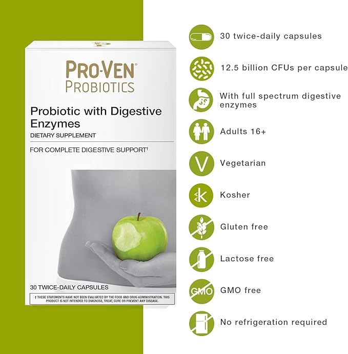 Probiotics with Digestive Enzymes | Acidophilus & Bifidus | 30 Capsules | 25 Billion Probiotics Per 2 Capsules | Supports Digestion and Absorption | Lactose Free, Gluten Free, Vegetarian