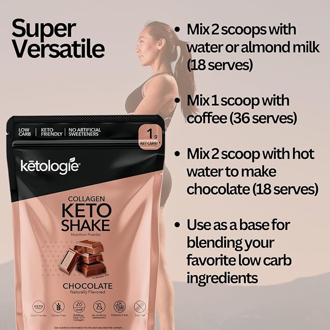 Keto Collagen Shake (Chocolate) - with Coconut Oil, Prebiotics, Grass Fed Hydrolyzed Collagen Peptides Type I & III, Low Carb, Gluten Free,1.78lbs. (810g)