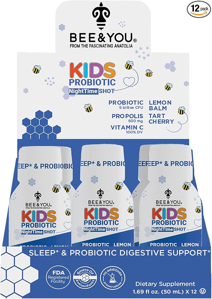 Bee and You Kids Propolis Immune Night Time Shot - Probiotic, Lemon Balm, Tart Cherry, Sleep Support, Immune Support, Gut Health 1.69 Fl. oz, 12 Pack