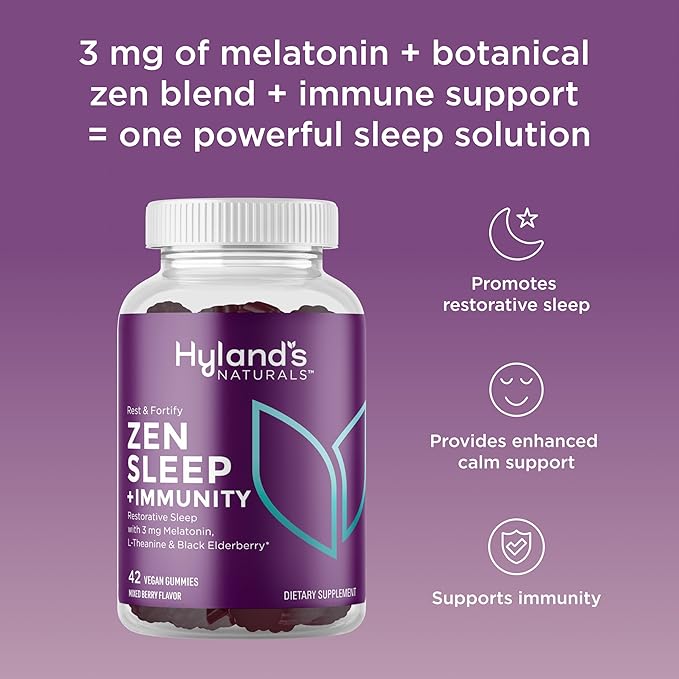 Hyland's Rest and Fortify Zen Sleep Aid and Immune Support, 42 Vegan Gummies, with Melatonin and L-Theanine for Sleep Support and Organic Black Elderberry, Vitamin C and Zinc