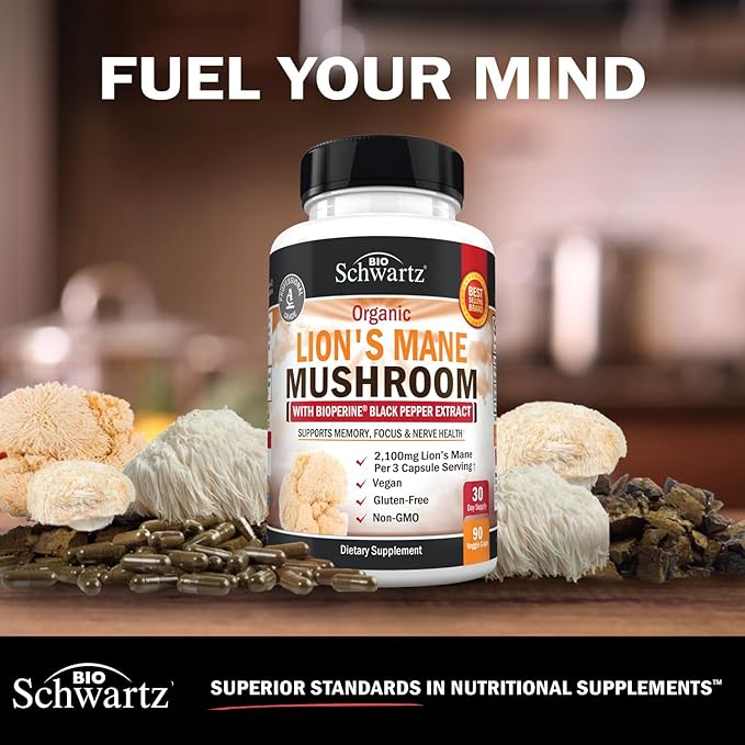 BioSchwartz Organic Lions Mane Supplement Capsules (90 Count) 2100mg Lions Mane Mushrooms with BioPerine for Max Absorption, Active Compound Verified, Nootropic Brain Supplements for Memory and Focus