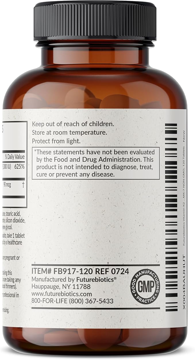Futurebiotics Vitamin K2 with D3, 2 in 1 Support, 5000 IU Vitamin D3 & 90 mcg Vitamin K2 MK-7 Non-GMO, 120 Tablets