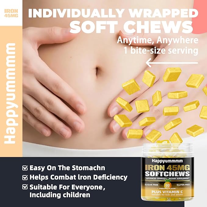 Iron Soft Chews Supplement with Vitamin C | Pineapple Flavored | Gluten Free | Iron Supplement for Women Men and Kids | 60 Count | 2 Month Supply