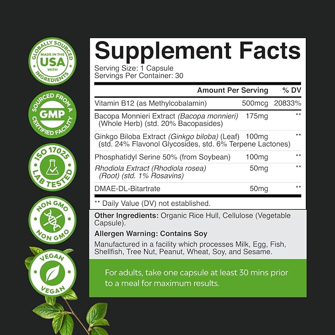 Bundle of Nootropic Memory Supplement for Brain Support and Vitamin B Complex Adult Multivitamin - Vitamin B 12 Bacopa Monnieri Rhodiola Rosea DMAE - Natural Energy Supplement with Active B Complex