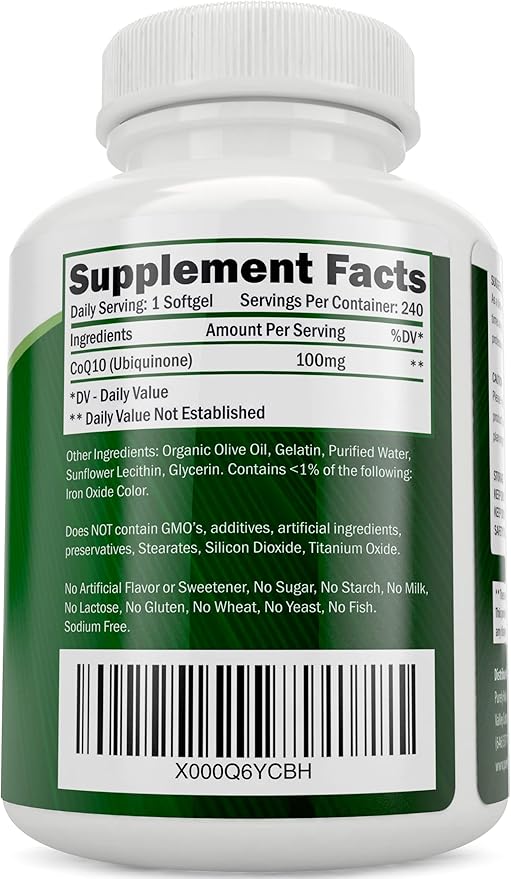 Purely Holistic CoQ10 100mg - 240 SoftGels - 8 Month Supply - Ubiquinone Coenzyme Q10 Supplement - with Organic Olive Oil - Soy Free Co Q 10 - Made in The USA