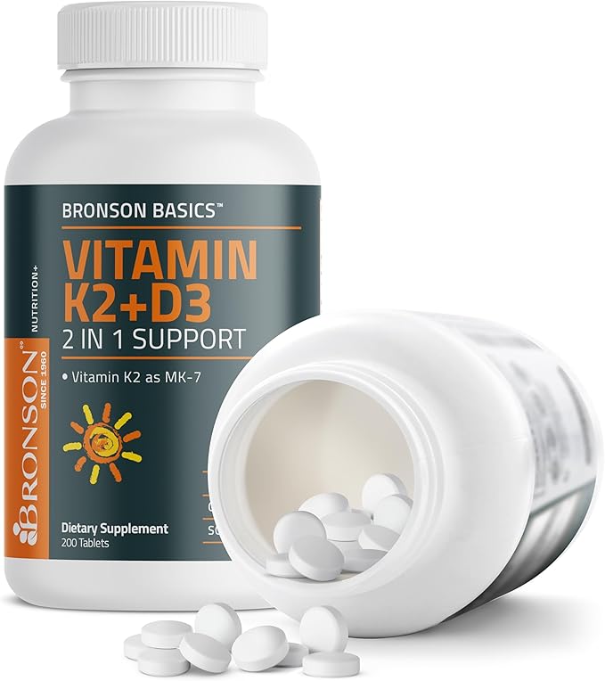 Bronson Vitamin K2 D3 (MK7) Supplement Non-GMO Formula Vitamin D3 5000IU (125 mcg) & 90 mcg K2 MK-7, Easy to Swallow D & K Complex, 200 Tablets