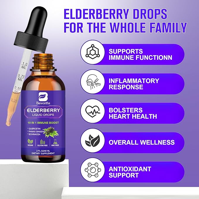 2 Pack Elderberry Syrup, Black Elderberry Drops with Quercetin, Panax Ginseng, Vitamin C and Zinc, Sambucus Elderberry Syrup Liquid for Immune Support, Vegan, Non-GMO & Gluten Free
