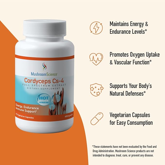 MushroomScience Cordyceps CS-4 Capsules, Full Spectrum Extract for Health, Energy & Endurance, Hot Water Extracted, Vegetarian, 400mg, 90 CT