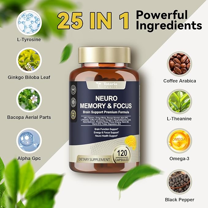 25 in 1 Brain Supplements for Memory and Focus & Neuro Health - Daily Brain Nootropic Cognitive Supplement with L-Tyrosine, Bacopa Monnieri, Ginkgo Biloba, Alpha GPC - Non-GMO, Gluten Free, Vegan