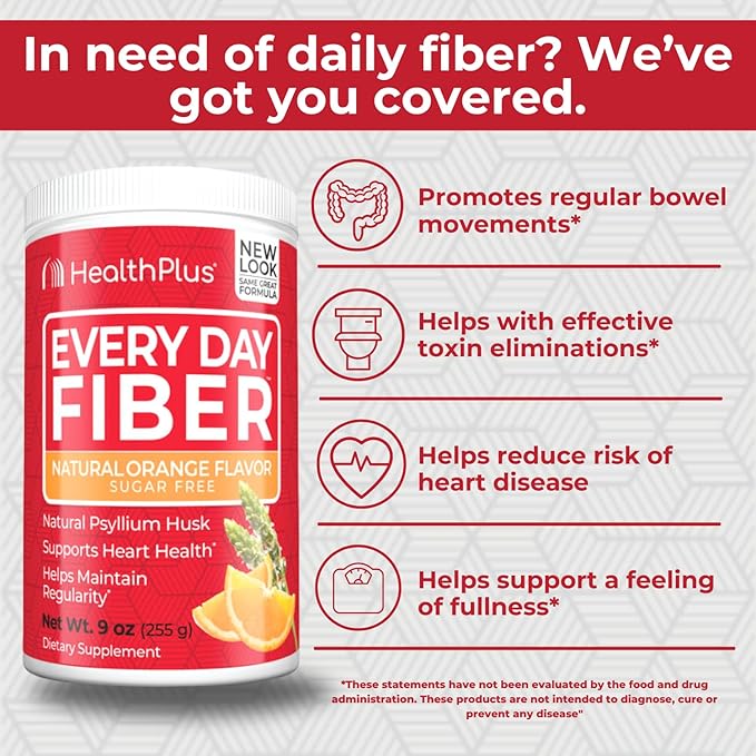Health Plus Every Day Fiber Digestive Support | No Artificial Flavors | Daily Fiber for Toxin Elimination To Reduce Bloating | Psyllium Husk | Orange Flavor | 9 Ounces, 36 Servings.