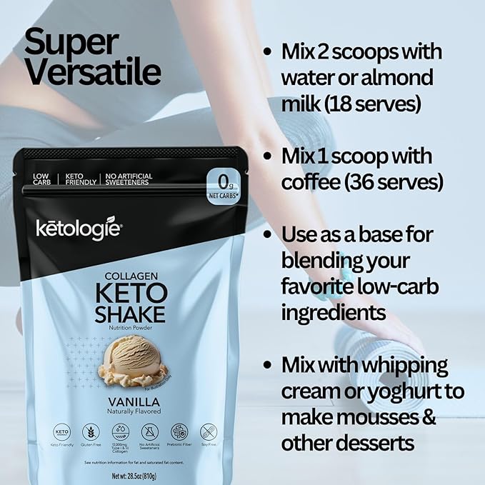 Keto Collagen Shake (Vanilla) - with Coconut Oil, Prebiotics, Grass Fed Hydrolyzed Collagen Peptides Type I & III, Low Carb, Gluten Free,1.78lbs.