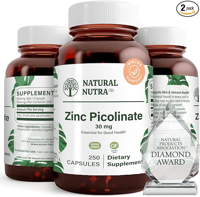 NNatural Nutra Zinc Picolinate 30 mg, Double Strength, Raw and Pure, Highly Bioavailable Supplement for Growth & Immune Support, Decrease Common Cold and Support Metabolic System 250 Capsule (2 Pack)