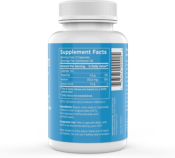 BodyBio Butyrate Supplement - Postbiotic for Gut Microbiome Health, Digestion and Regulation Support - Butyric Acid with Sodium - 100 Capsules